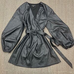 Ted Baker London Faux Leather Wrap Mini Dress Balloon Sleeve Size 4 Chic Black
